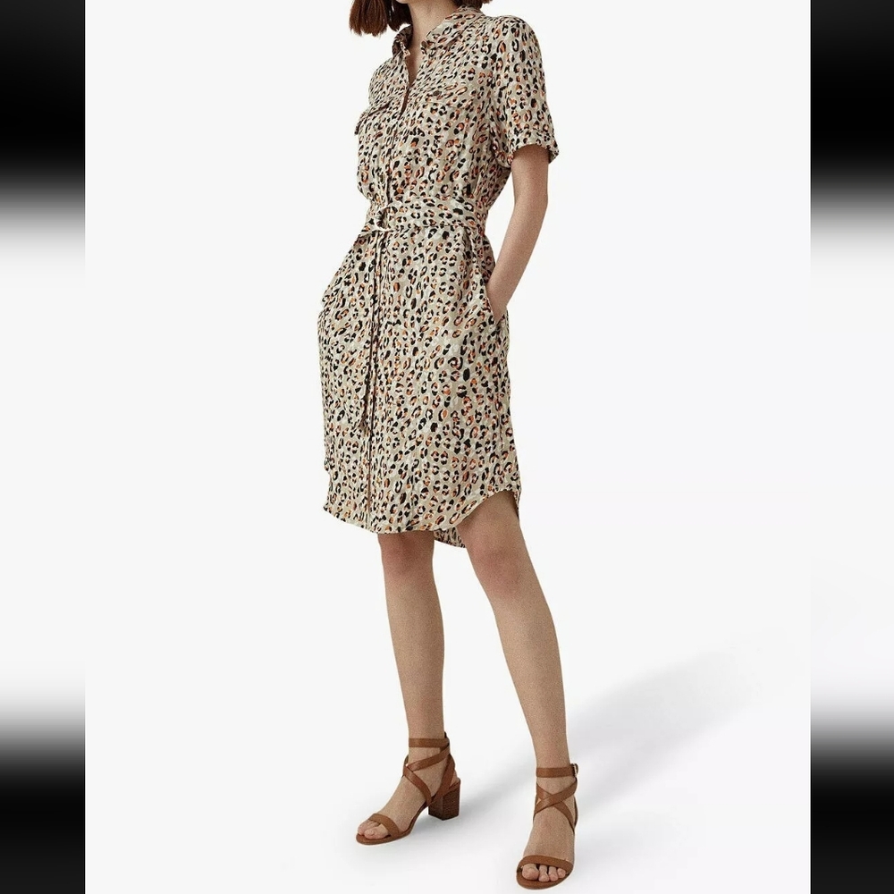 Karen Millen linen blend shirt dress Sz 2 Animal Print Office Business Casual